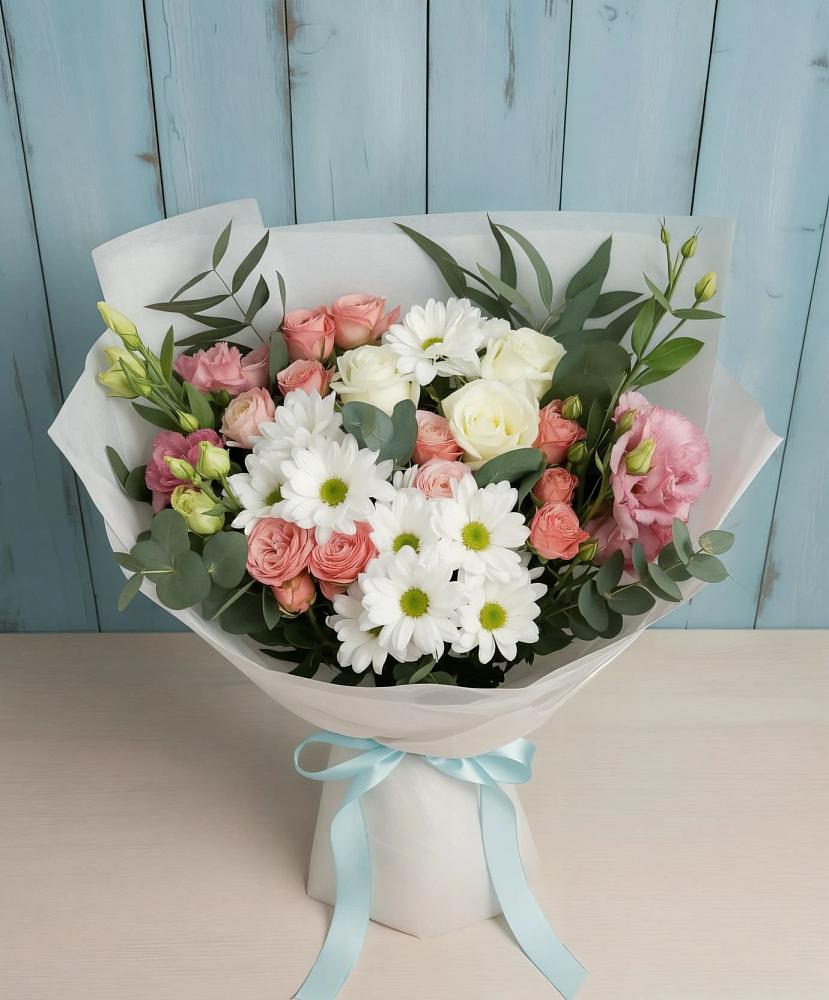 Букет цветов из: Розы, Лизиантусы и Хризантемы в Аксиньино