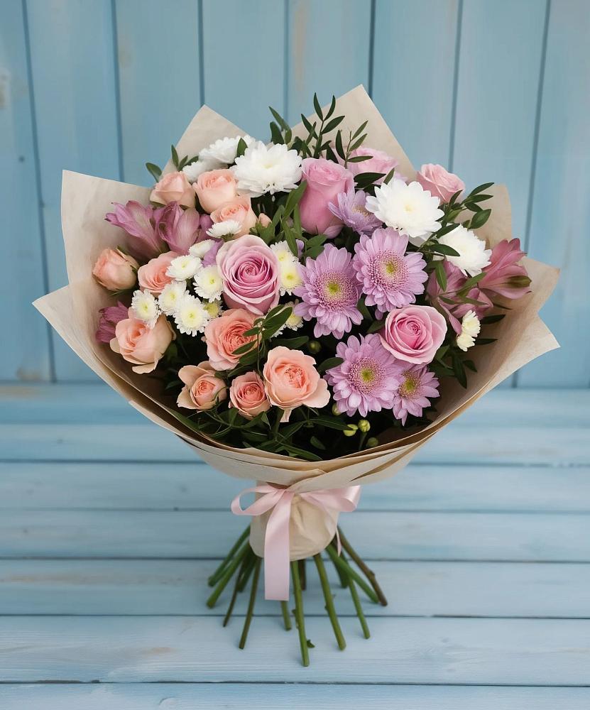 Букет цветов из: Хризантемы, Розы и Альстромерии в Аксиньино