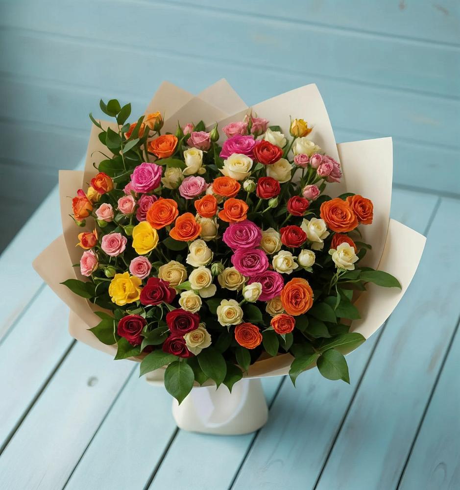 Букет Микс из разноцветных кустовых роз в Аксиньино