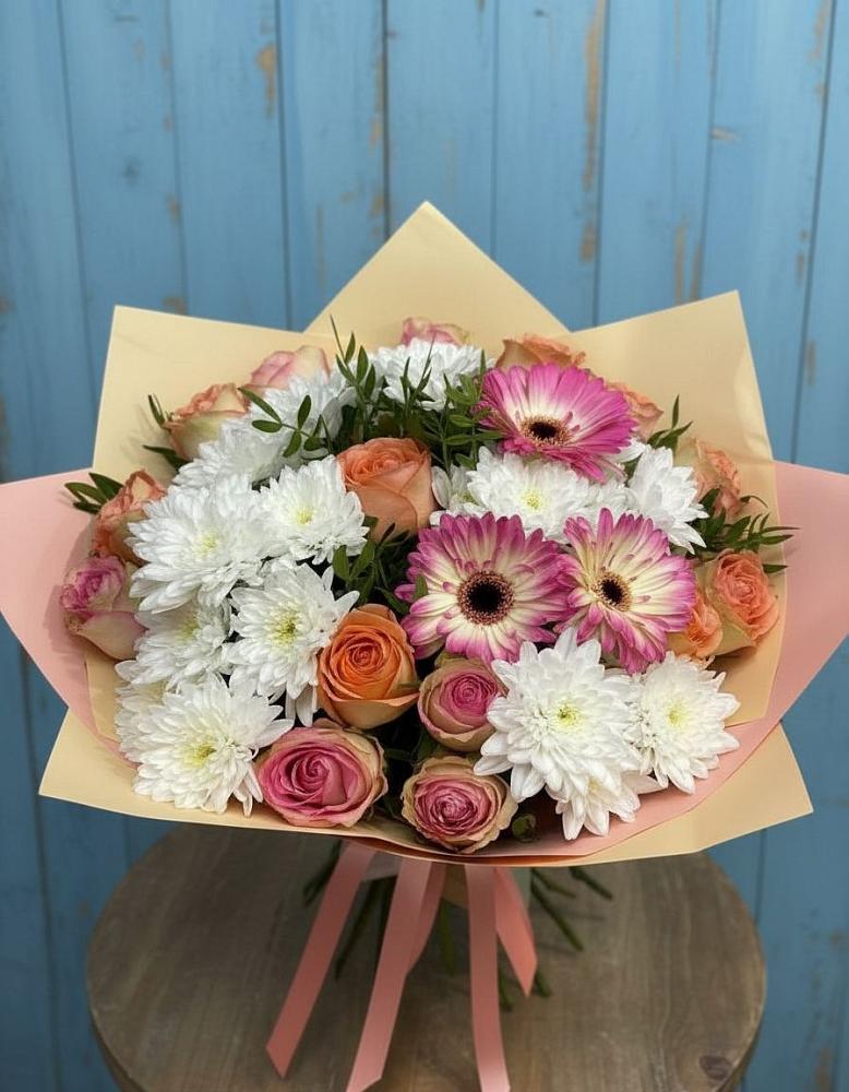 Букет цветов из: Розы, Герберы и Хризантемы в Аксиньино