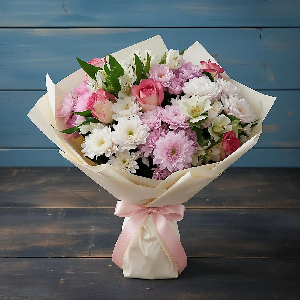 Букет цветов из: Хризантемы, Альстромерии и Розы в Аксиньино